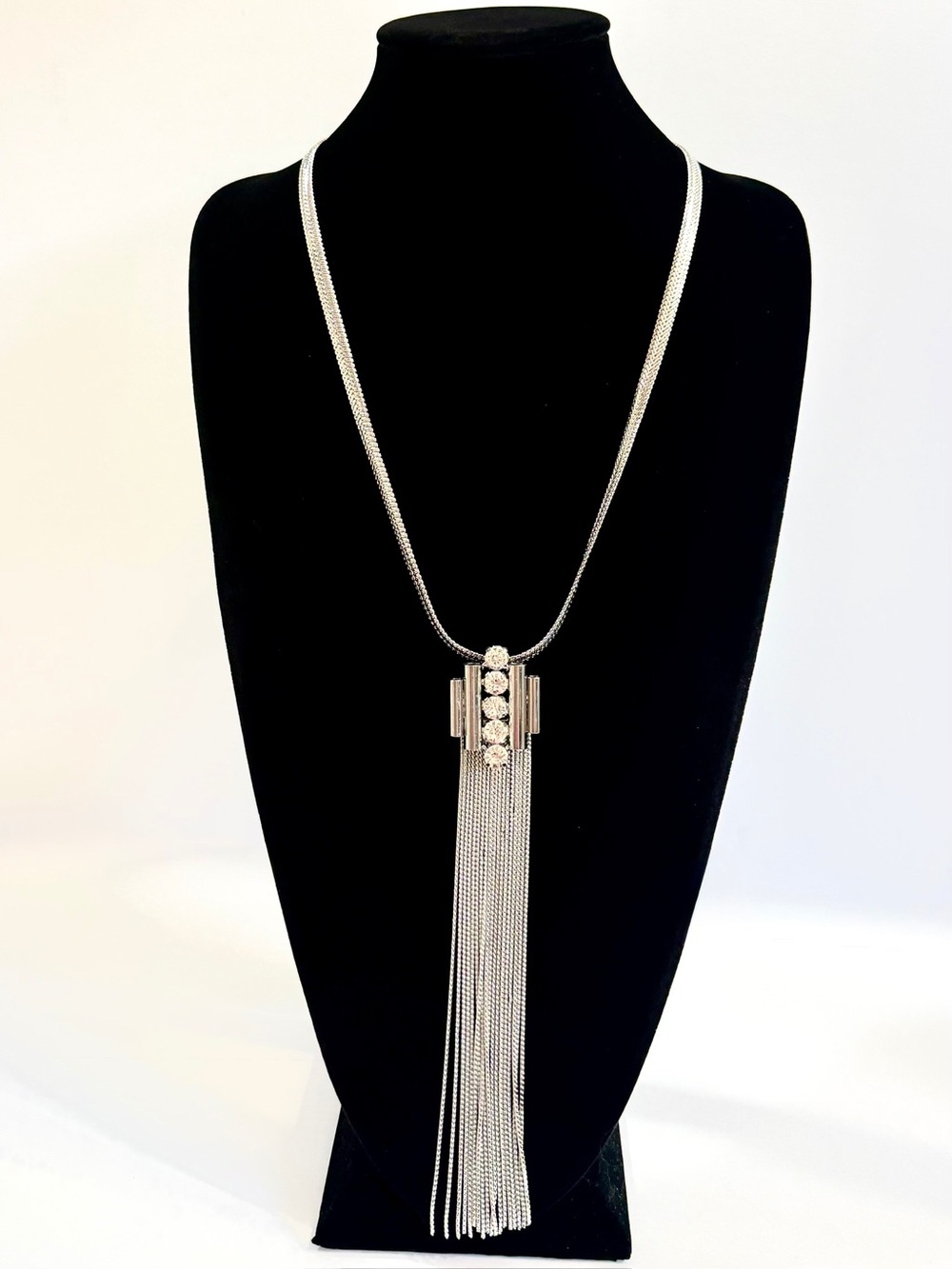 Leslie Danzis Silver Art Deco Crystal Tassel Statement Necklace NWT